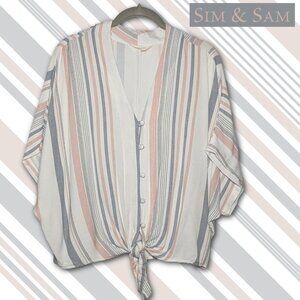 Sim & Sam Size L Striped Rayon Tie Front Button Down Dolman Sleeve V-Neck Blouse